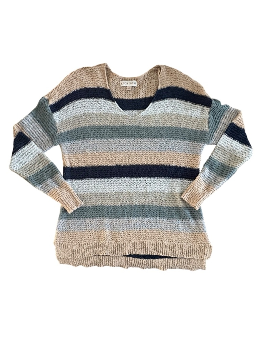 Knox Rose Striped V-Neck Sweater in Beige, Sage & Navy